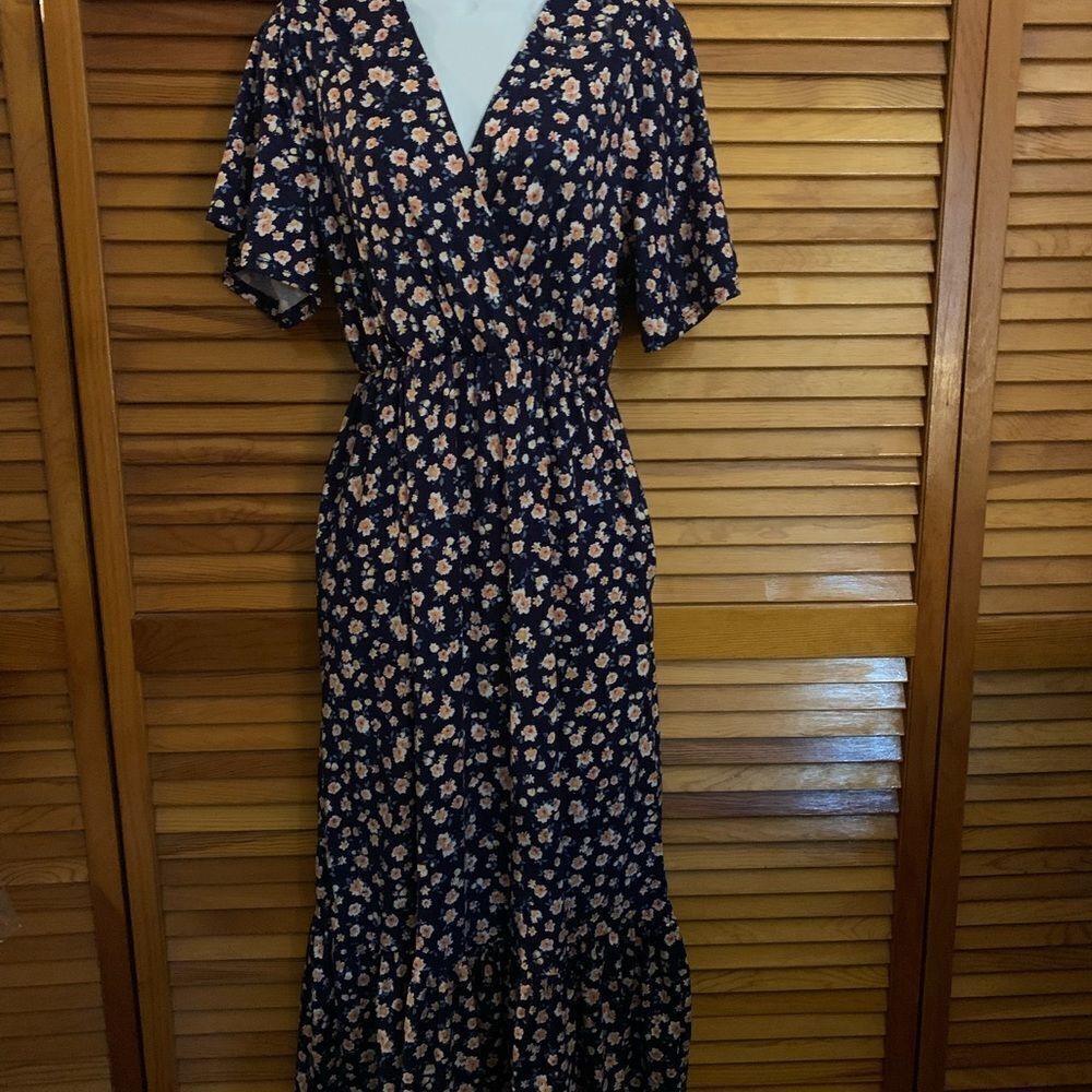 Haptics Navy Floral Maxi Dress with Flutter Sleeves